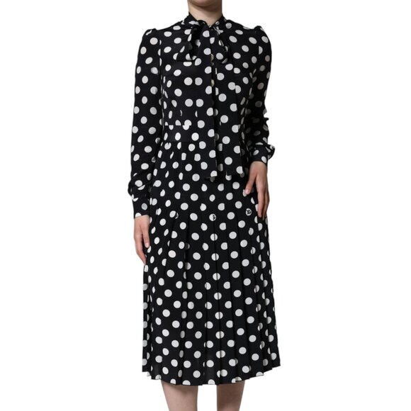 Dolce & Gabbana Black White Polka Dot Ascot Collar Midi Dress IT40 S - Picture 1 of 6